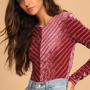 Lulus Save the Date Dusty Pink Velvet Striped Long sleeve Bodysuit Size Small
